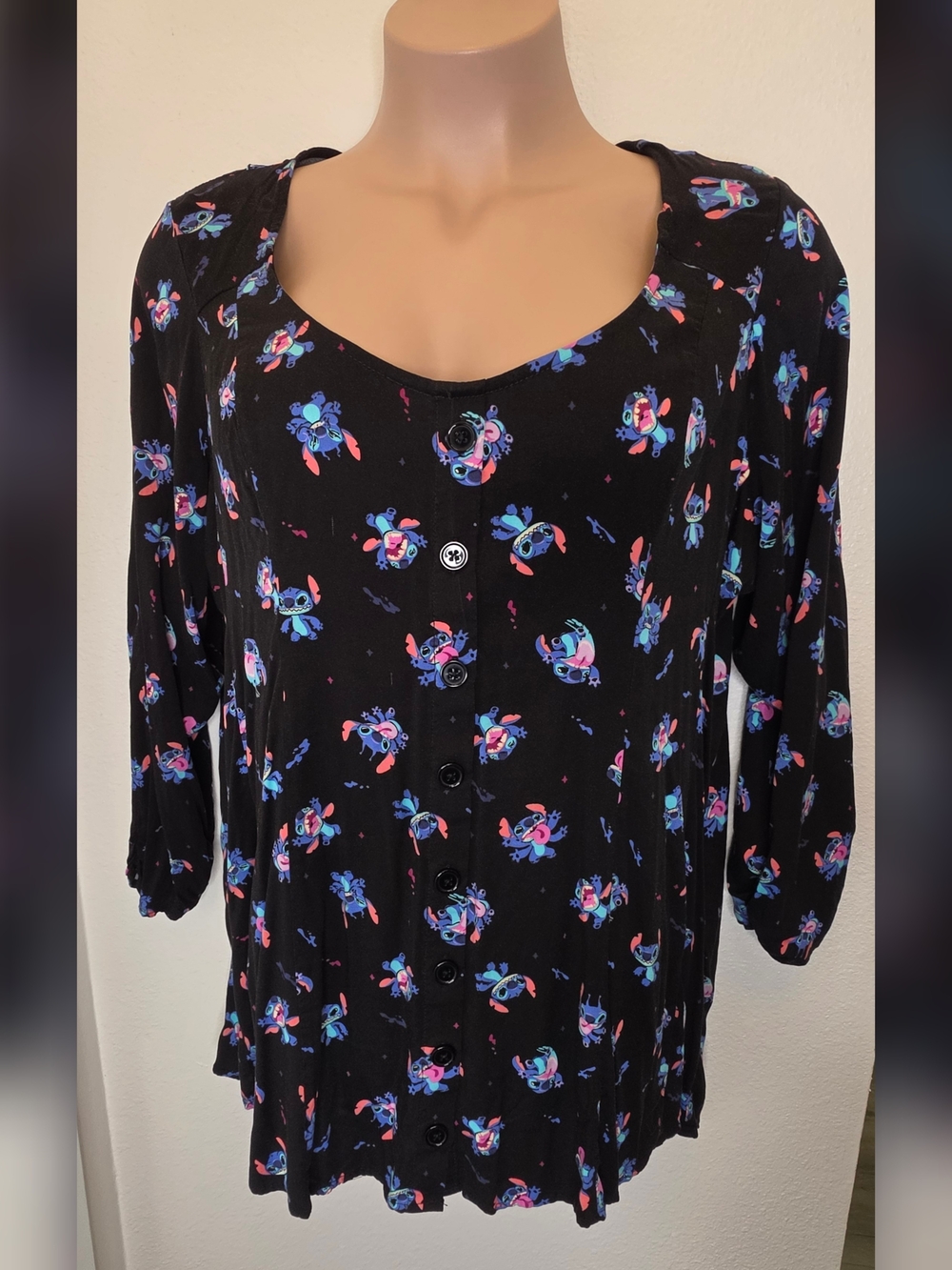 Disney STITCH Black Button-Front Top with Blue and Pink Pattern